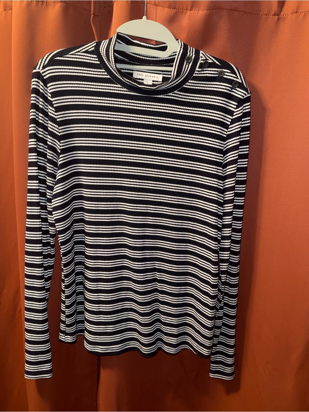 White & Navy Striped Long Sleeve Tee with Shoulder Buttons
